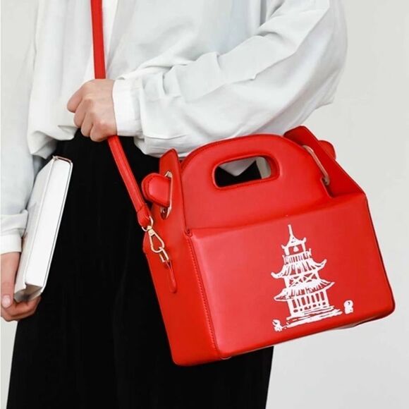 Chinese Tower Print Top-Handle Takeout Box Handbag - Picture 2 of 9
